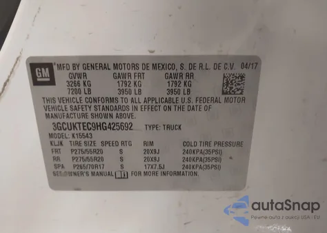 2017 Chevrolet Silverado K1500 High Country z USA, uszkodzony, nr VIN 3GCUKTEC9HG425692